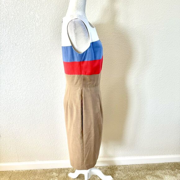 VTG Howard Wolf Size 8 Sheath Pencil Dress Tan Blue White Colorblock Stripes - Picture 4 of 16